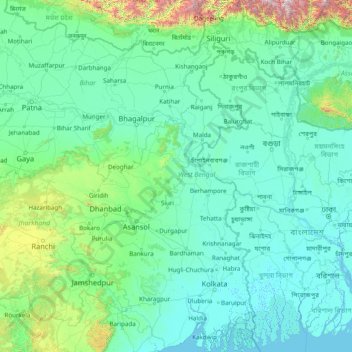 Topografische kaart West-Bengalen, hoogte, reliëf