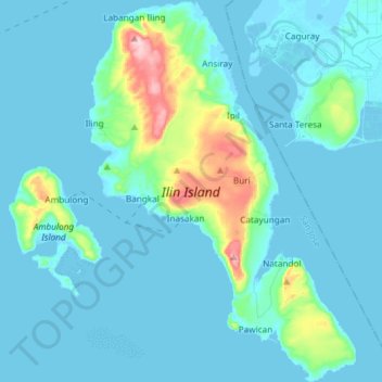 Topografische kaart Ilin Island, hoogte, reliëf