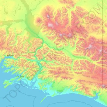 Topografische kaart Wrangell–St. Elias National Park, hoogte, reliëf