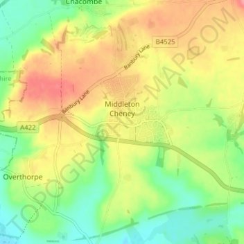 Topografische kaart Middleton Cheney, hoogte, reliëf