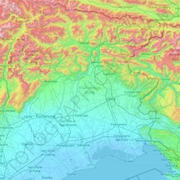 Topografische kaart Friuli-Venezia Giulia, hoogte, reliëf