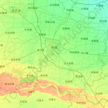 Topografische kaart Shan County, hoogte, reliëf