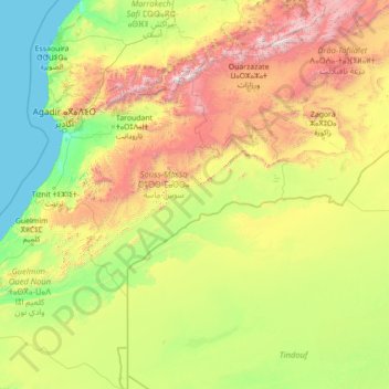 Topografische kaart Oued Drâa ⴰⵙⵉⴼ ⵏ ⴷⵔⵄⴰ واد درعة, hoogte, reliëf
