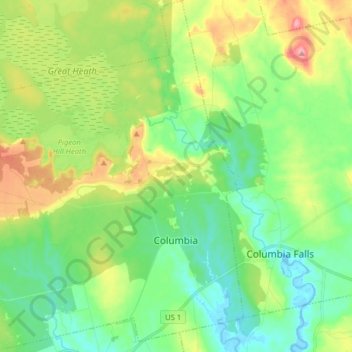 Topografische kaart Columbia, hoogte, reliëf