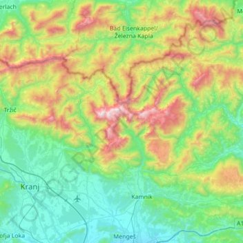 Topografische kaart Kamnische Alpen, hoogte, reliëf