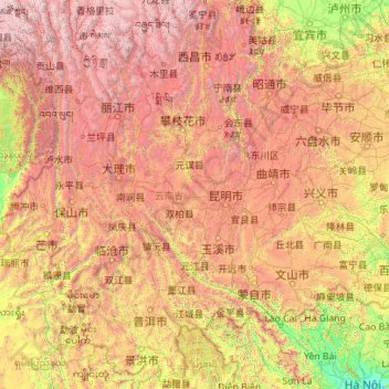 Topografische kaart Yunnan, hoogte, reliëf