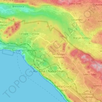 Topografische kaart Duino Aurisina / Devin - Nabrežina, hoogte, reliëf