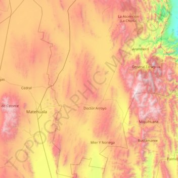 Topografische kaart Doctor Arroyo, hoogte, reliëf