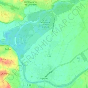 Topografische kaart Loyettes, hoogte, reliëf