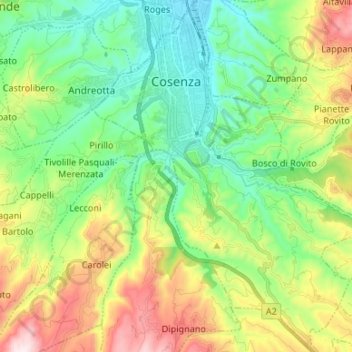 Topografische kaart Cosenza, hoogte, reliëf