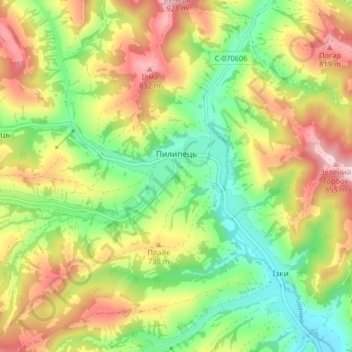 Topografische kaart Pylypets, hoogte, reliëf
