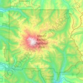 Topografische kaart Mount Rainier National Park, hoogte, reliëf