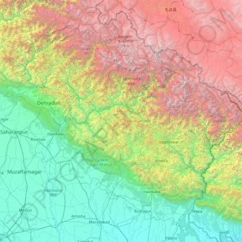 Topografische kaart Uttarakhand, hoogte, reliëf