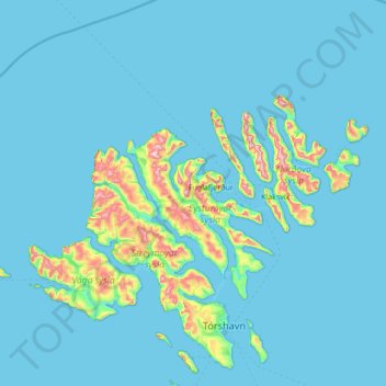 Topografische kaart Eysturoy, hoogte, reliëf