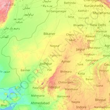 Topografische kaart Rajasthan, hoogte, reliëf