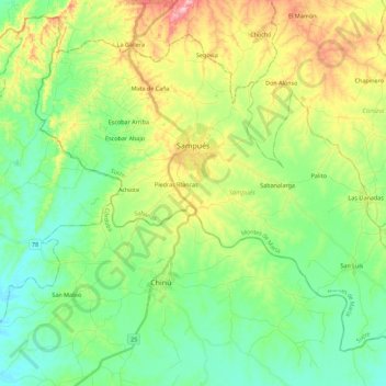 Topografische kaart Sampués, hoogte, reliëf