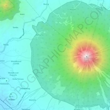 Topografische kaart Mayon Volcano, hoogte, reliëf