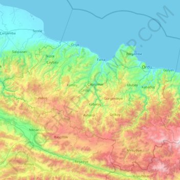 Topografische kaart Ordu, hoogte, reliëf
