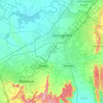 Topografische kaart Gurgaon, hoogte, reliëf