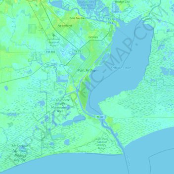 Topografische kaart Port Arthur, hoogte, reliëf