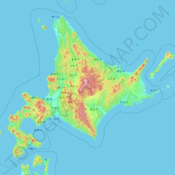 Topografische kaart Hokkaido, hoogte, reliëf