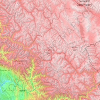 Topografische kaart Lahaul and Spiti District, hoogte, reliëf
