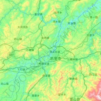 Topografische kaart 凯里市, hoogte, reliëf