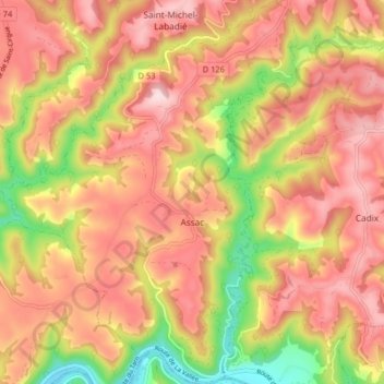 Topografische kaart Assac, hoogte, reliëf