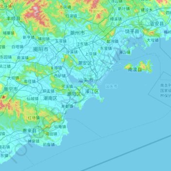 Topografische kaart Shantou, hoogte, reliëf