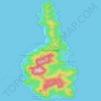 Topografische kaart Tioman Island, hoogte, reliëf