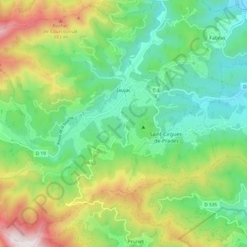 Topografische kaart Jaujac, hoogte, reliëf