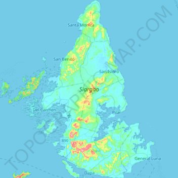 Topografische kaart Siargao Island, hoogte, reliëf