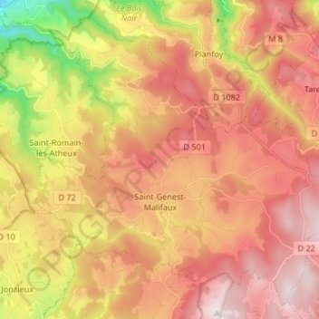 Topografische kaart Saint-Genest-Malifaux, hoogte, reliëf