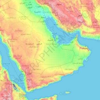 Topografische kaart Arabisch Schiereiland, hoogte, reliëf