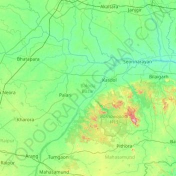 Topografische kaart Baloda Bazar, hoogte, reliëf