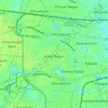 Topografische kaart Zone 8 Anna Nagar, hoogte, reliëf
