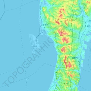Topografische kaart Tokoname, hoogte, reliëf