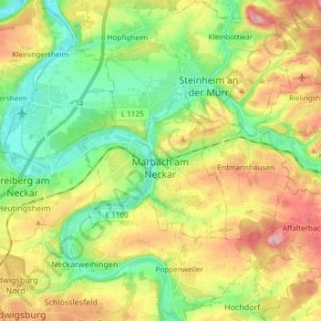 Topografische kaart Marbach am Neckar, hoogte, reliëf