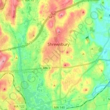 Topografische kaart Shrewsbury, hoogte, reliëf
