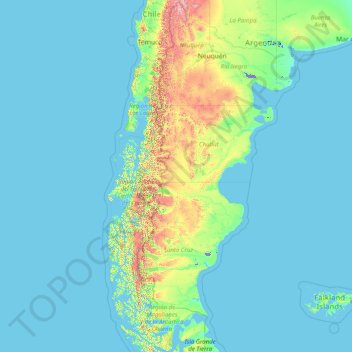 Topografische kaart Patagonia, hoogte, reliëf