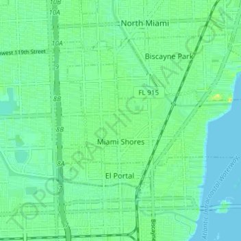 Topografische kaart Miami Shores, hoogte, reliëf