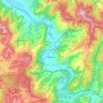Topografische kaart Saliceto, hoogte, reliëf
