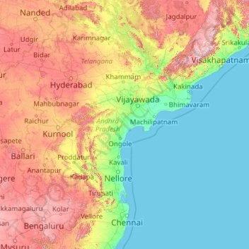 Topografische kaart Andhra Pradesh, hoogte, reliëf
