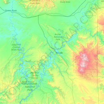 Topografische kaart Colorado River, hoogte, reliëf