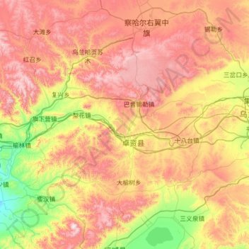 Topografische kaart Zhuozi County, hoogte, reliëf