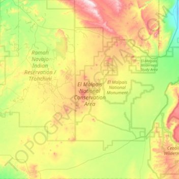 Topografische kaart El Malpais National Conservation Area, hoogte, reliëf