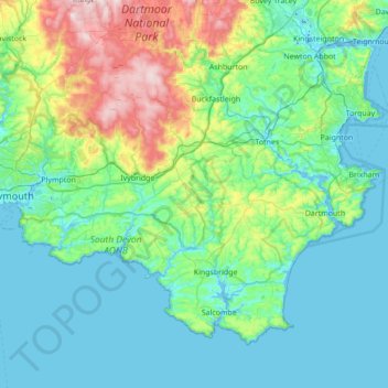 Topografische kaart South Hams, hoogte, reliëf