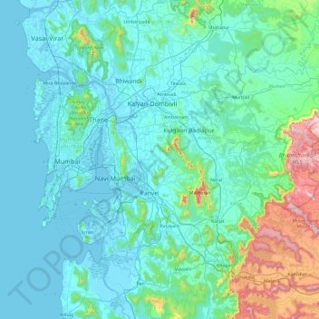 Topografische kaart Mumbai Metropolitan Region, hoogte, reliëf