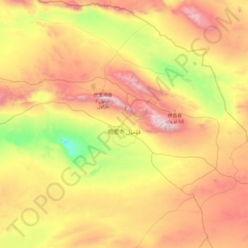 Topografische kaart Hami, hoogte, reliëf
