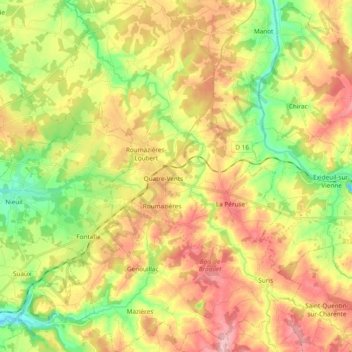 Topografische kaart Terres-de-Haute-Charente, hoogte, reliëf